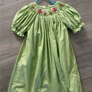Girls Light Green Smocked Dress with Pink Embroidery